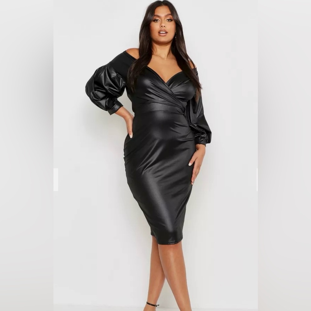 PLUS LEATHER LOOK OFF SHOULDER
MIDI DRESS